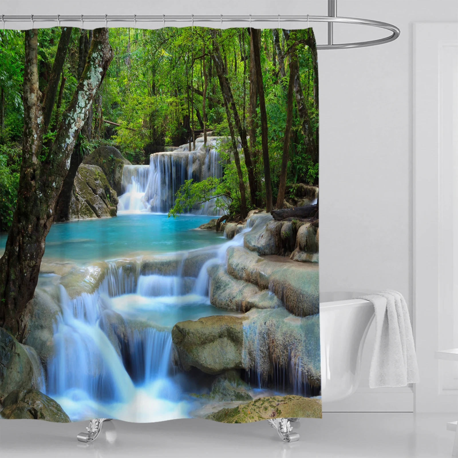 1 Pcs Mountain Creek Water Waterproof Bathroom Curtain, Summer Cool Forest Tree Water Bathroom Decoration, with 12 Plastic Hooks