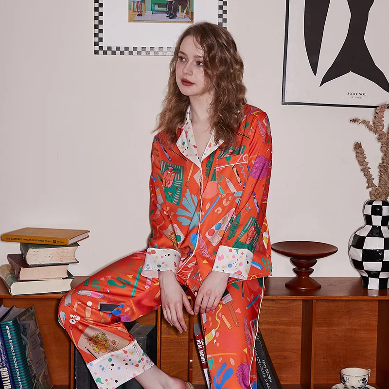 【Orange stationery】comfortable Ice Silk Pajamas Women's High-end Sense ins Style Lapel Spring/Summer Long Sleeve Home Suit 2024