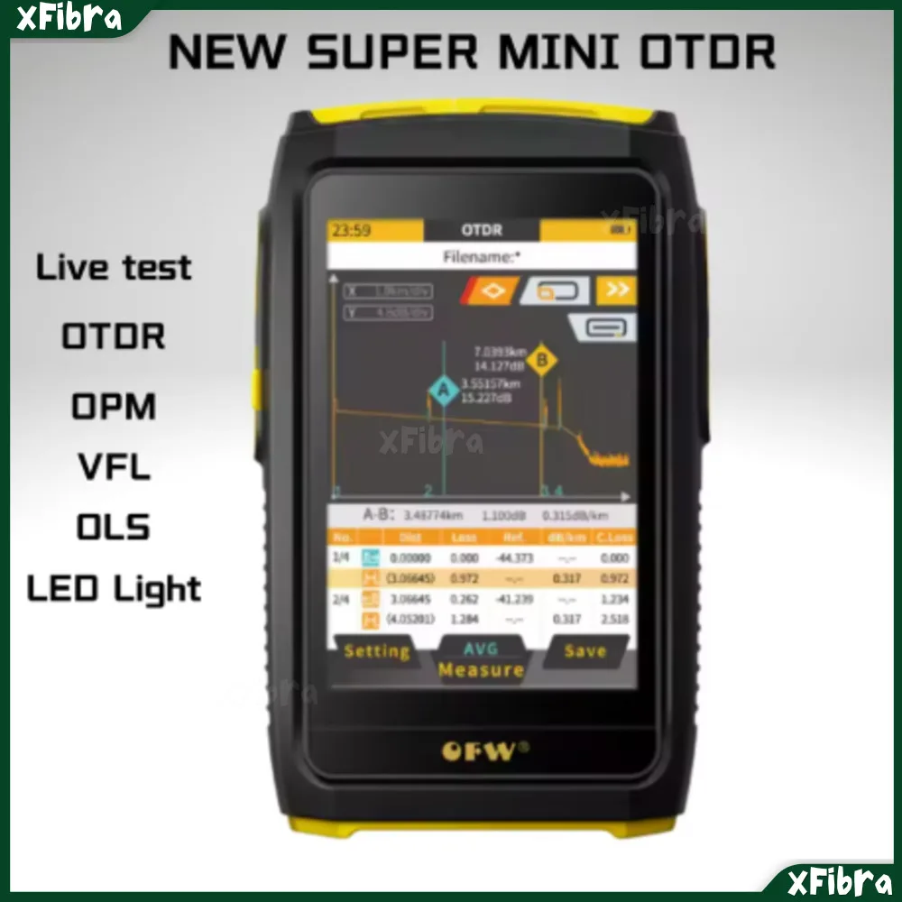 

Mini OTDR Active Fiber Live Test 1550nm 1577nm 20dB OFW Optical Reflectometer Touch Screen OPM OLS VFL Tester Sc Connector