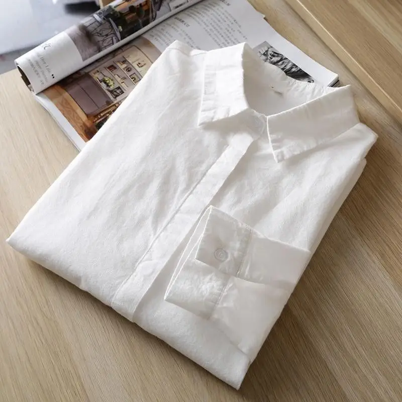 Biała koszula damska z długim rękawem z czystej bawełny, profesjonalna, na wiosnę i jesień, luźna, wyszczuplająca, z ukrytymi guzikami, modna odzież damska.