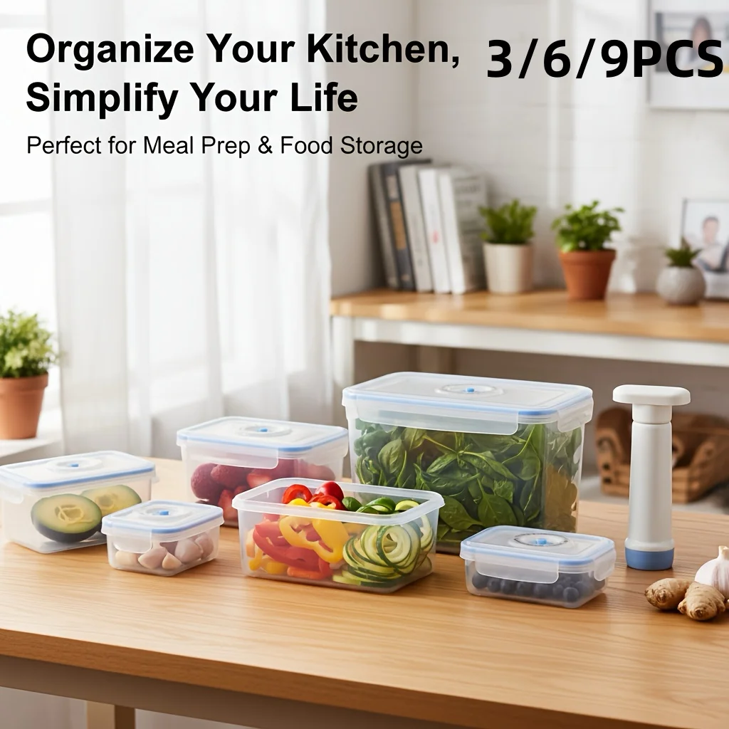 3/6/9-Piece Vacuum Food Storage Container Set (Including 1 Manual Vacuum Pump), Suitable for Refrigerators/Kitchens