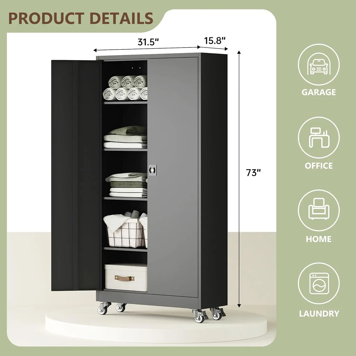 73' Black Locking Tool Cabinet with Wheels, 2 Doors, 4 Shelves, Heavy Duty Garage Storage