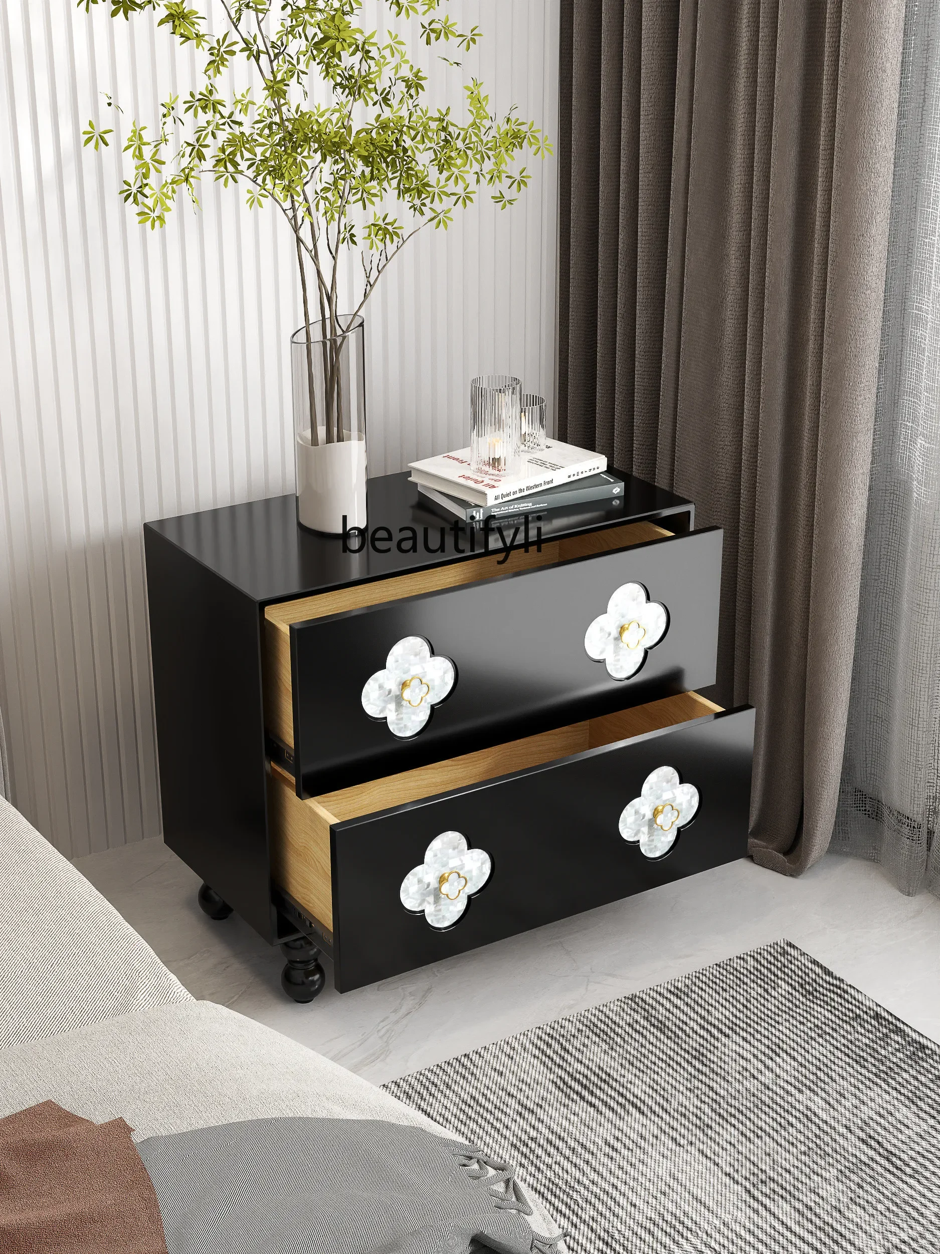 French Bedroom Bedside Table Drawer Retro Sofa Black Shell Side Cabinet Living Room Storage Cabinet