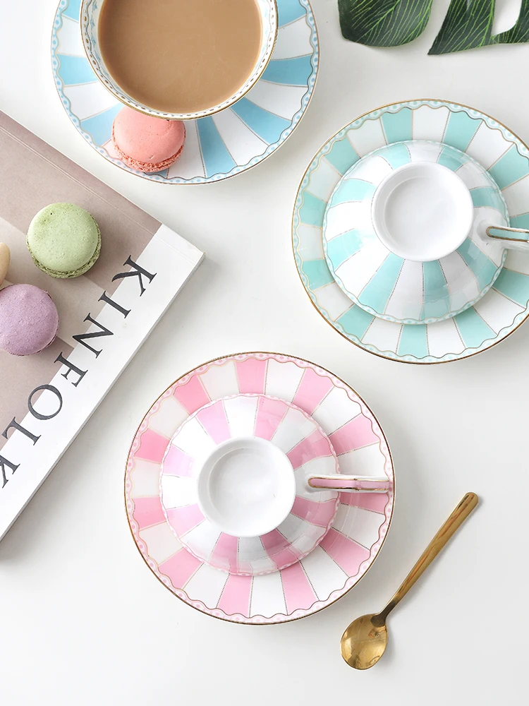 European Coffee Cup and saucer, English Afternoon Tea Set, Teacup Bone China, Home Drink Gifts, Blue and Pink