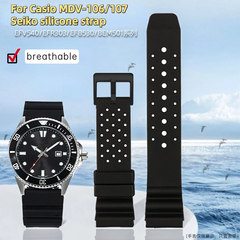 

For Casio Swordfish Rubber Strap MDV-106/ MDV-107 MTP1374/MTP1375 EFR-303L Seiko men breathable silicone black strap 20mm 22mm