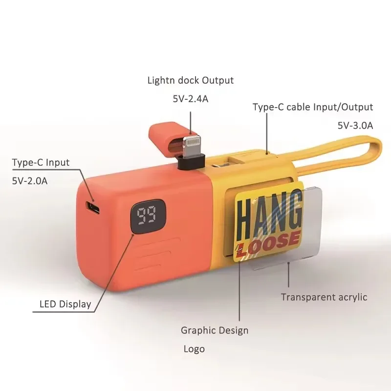 Imagem -04 - Banco de Potência Portátil Fino com Cabo Integrado 50000 Mah Cápsulas Mini Powerbank de Emergência Compatível com Iphone Xiaomi Huawei Cute Gift Novo Design