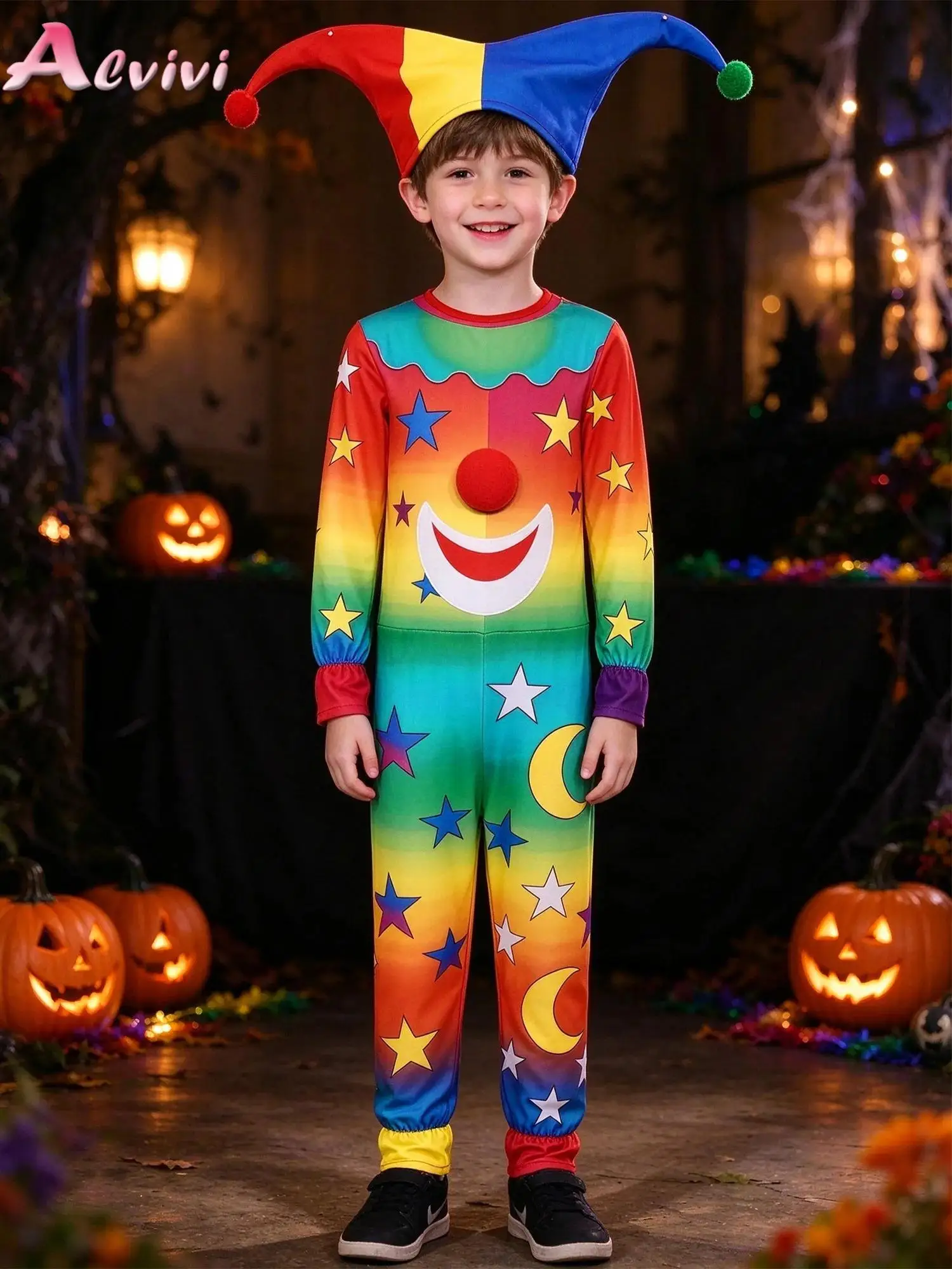 Boys Girls Carnival Clown Outfit Long Sleeve Color-blocked Printed Jumpsuit with Hat and Nose for Theme Party Stage Performance