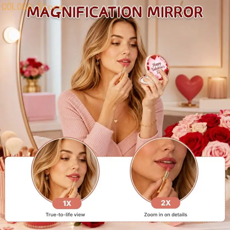 Round Folding Mirror Set with Heart Rose Artwork for Bag Checks D0LD