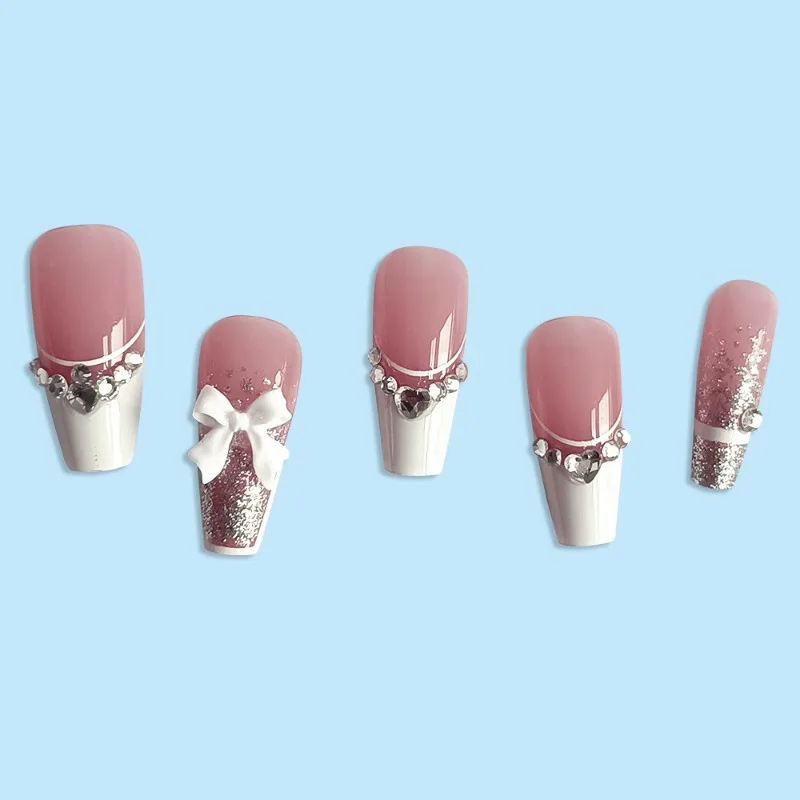 24pcs Long White French Glitter 3d Bow Rhinestone Coffin Fall Press on Nails Kawaii False Nails with Glue Nail Art for Gluing