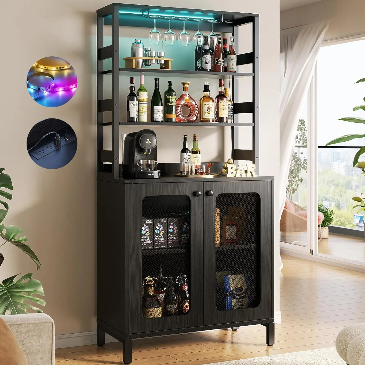 Aheaplus kabinet Bar dengan outlet daya, kabinet minuman keras Bar anggur tinggi 67 "dengan lampu Led dan pemegang kaca, Bar kopi