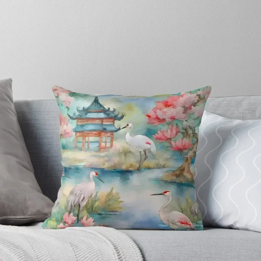 

Cranes in chinoiserie landscape watercolor painting Throw Pillow Sofas Covers Sofa Decorative Covers Luxury Cushion Cover pillow