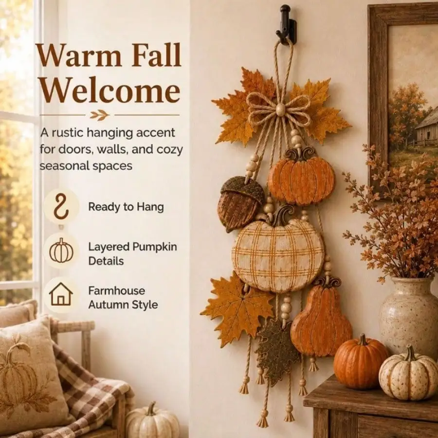 Rustic Harvest Wooden Door Hanger, Fall Patchwork Rope Porch Decor With Maple Leaves And Pumpkin, Rustic Farmhouse Wall Art, Halloween And Thanksgiving Home Decor, A Warm Autumn Welcome For Your Home