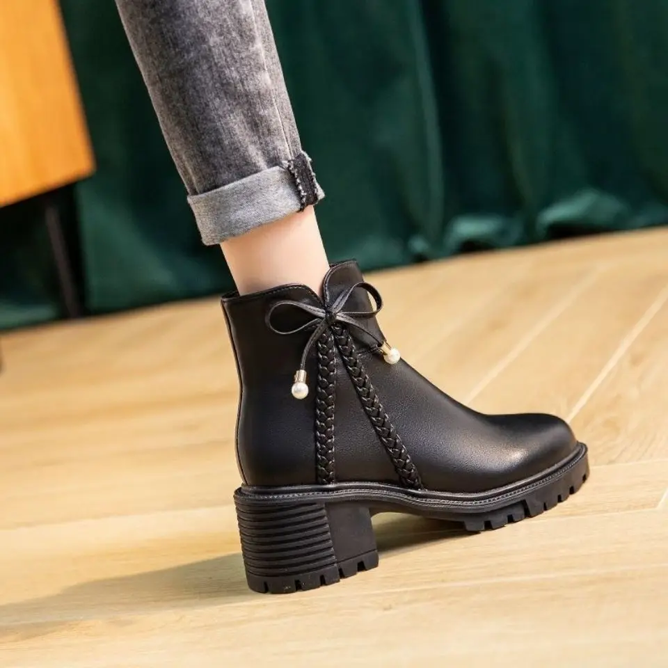 

Leather Women Boots short Boots 2022 New Thick High-heeled Fashion Boots Women Spring and Autumn Single Boots Are Versatile 2022