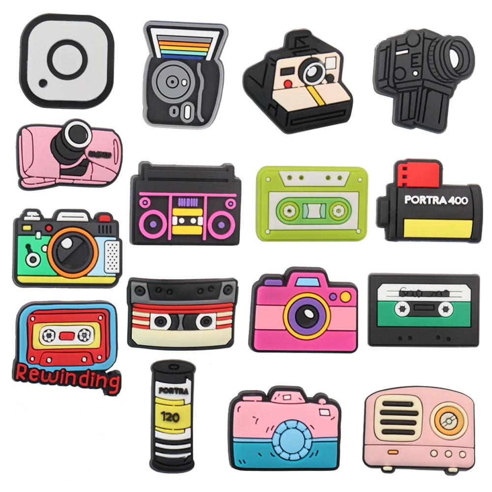 1-16Pcs PVC Mix Camera Boys Girls Sandals Charms Buckle Clog Radio Designer Shoes Decoration Fit Party Gifts