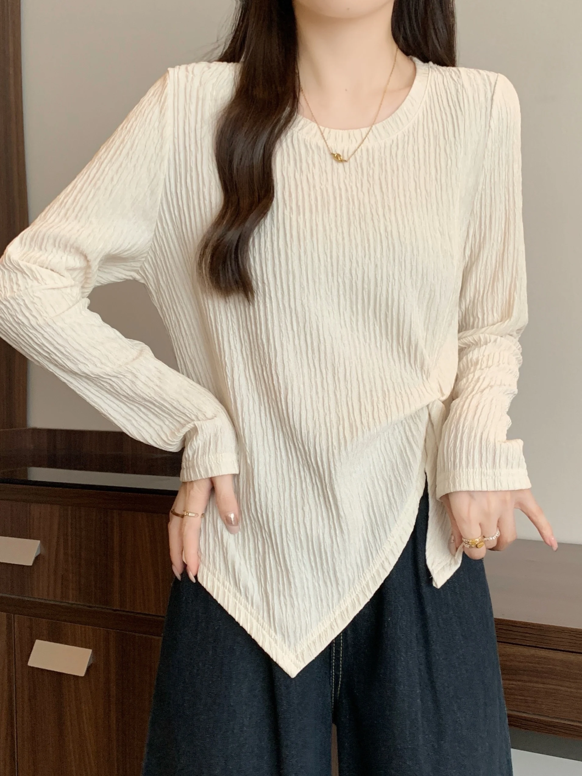 

Casual Sle plus Size Women's Knitted T-irt High Waist Slimming Long Sve Irregular Brand Bule Design Casual Top