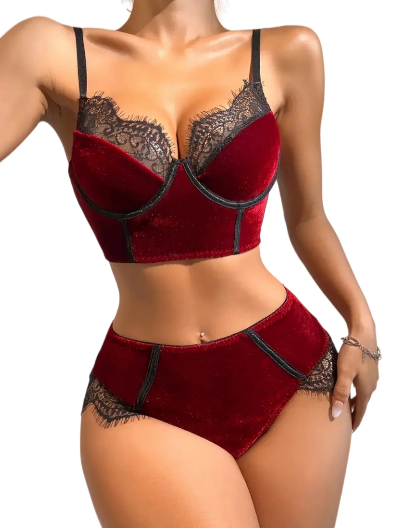 2-Piece Flocked Bra And Panty set For Women, Matching Lace Underwired Bra Set, Hollow Design At The Back Of The Pants, Soft And