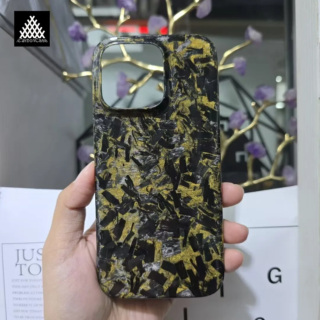 

Forged Carbon Fiber Case for iPhone 16 Pro / Max Ultra-thin Lightweight Hard Real Glossy Carbon with Golden Flakes Phone Cover