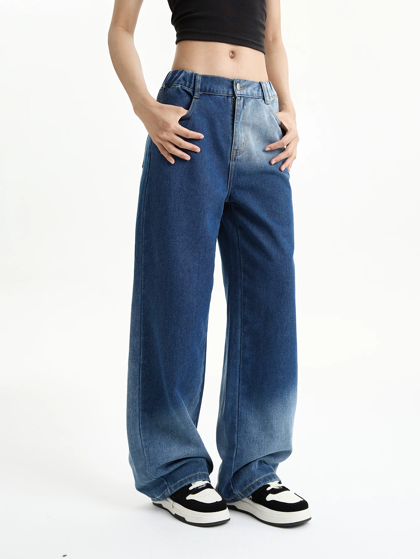

Teenage Girl's Color-Block Relaxed Fit Slimming Washed Denim Jeans - Versatile Student-Style Wide Leg Straight Leg Pants