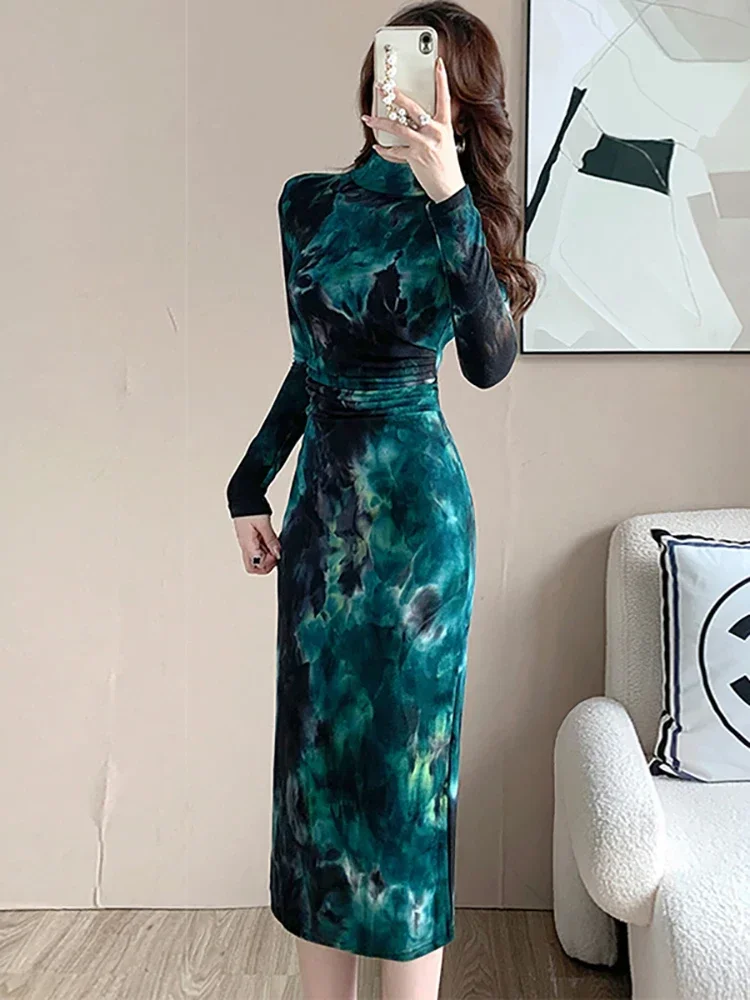 Automne imprimé plissé moulante robes de soirée et événements femmes coréen Vintage élégant robe de nuit 2025 robes de marque internationale