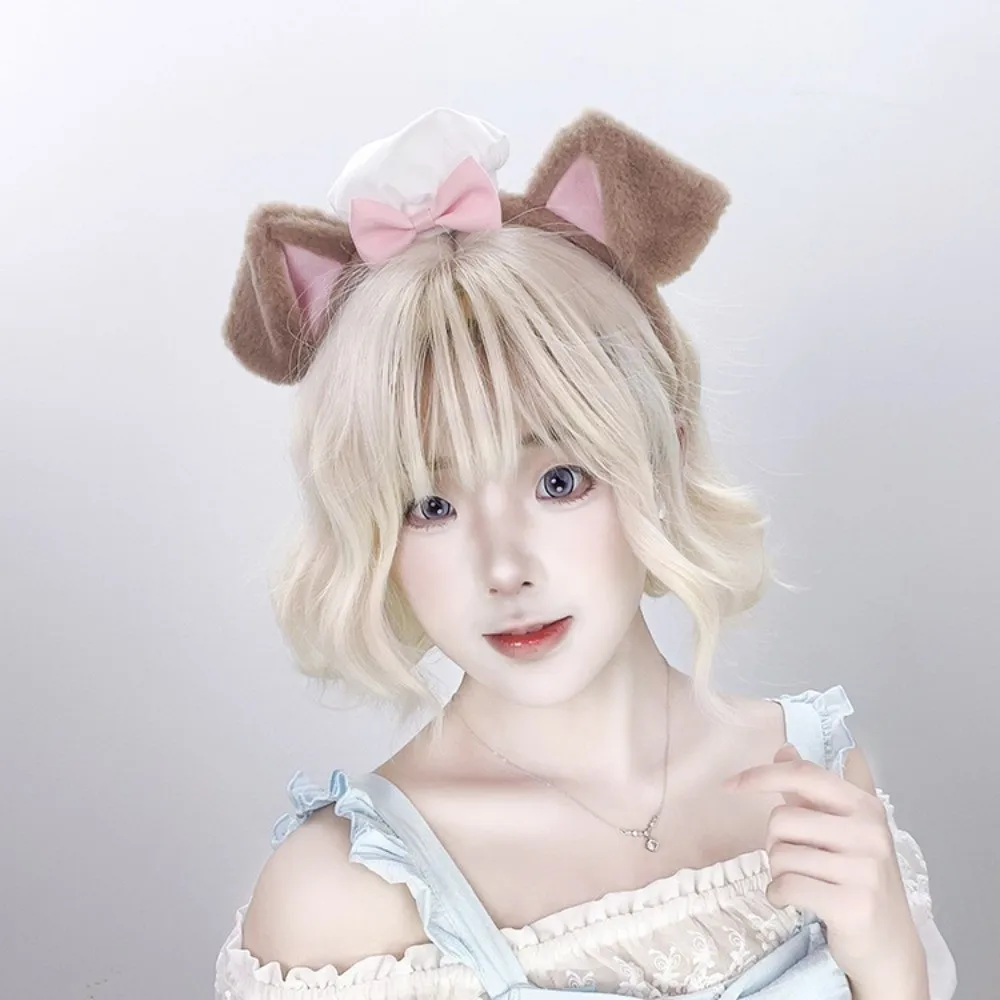 New Lolita Dog Ear Headband Fluffy Chef Cap Hair Band Lace Bow Cosplay Head Hoop Holiday Party