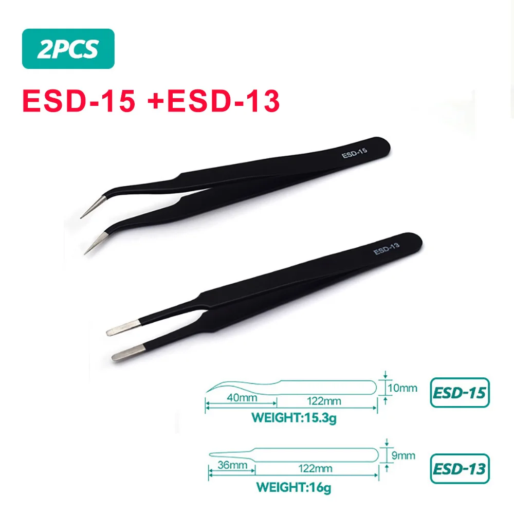 ESD Anti-Static Stainless Steel Tweezers Precision Maintenance Industrial Repair Curved Tool Home Working Model Making Hand Tool