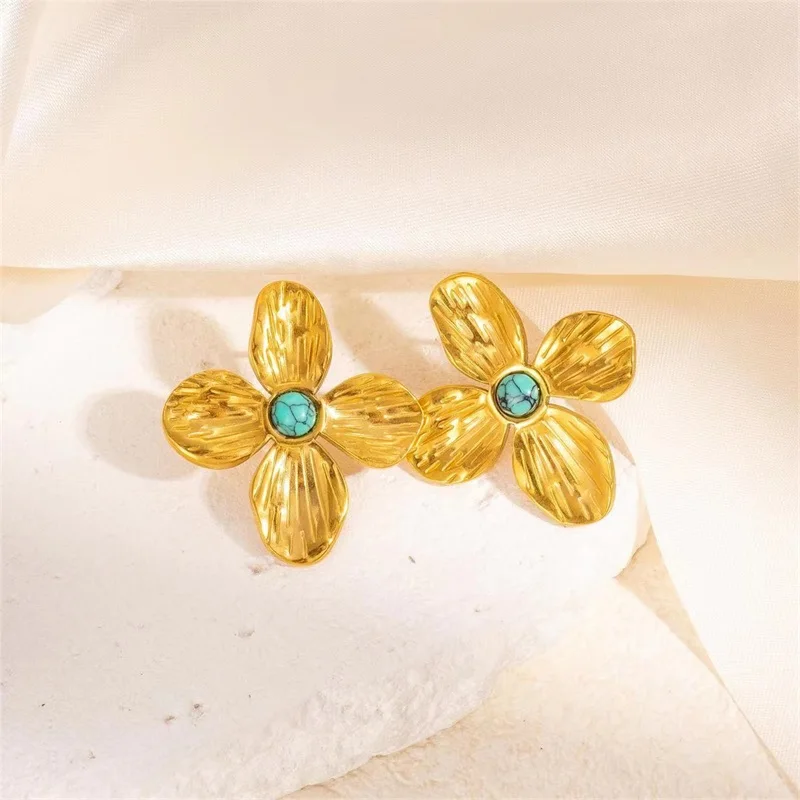 EILIECK 316L Edelstahl Künstliche Türkisblumen Halskette Armband Ohrringe Set Modischer Goldfarbener Wasserdichter Schmuck – Detail 17