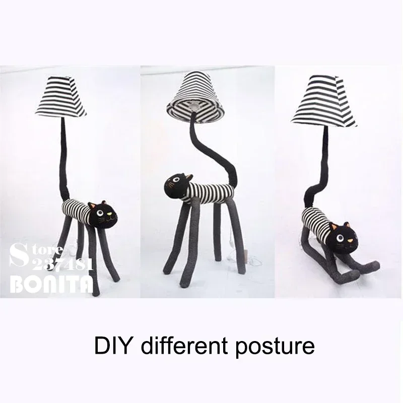Christmas Gift Floor Lamp Living Room Children Room Floor Light Canvas Catoon Animal Striped Cat Feet Adjustable Stand Lamp