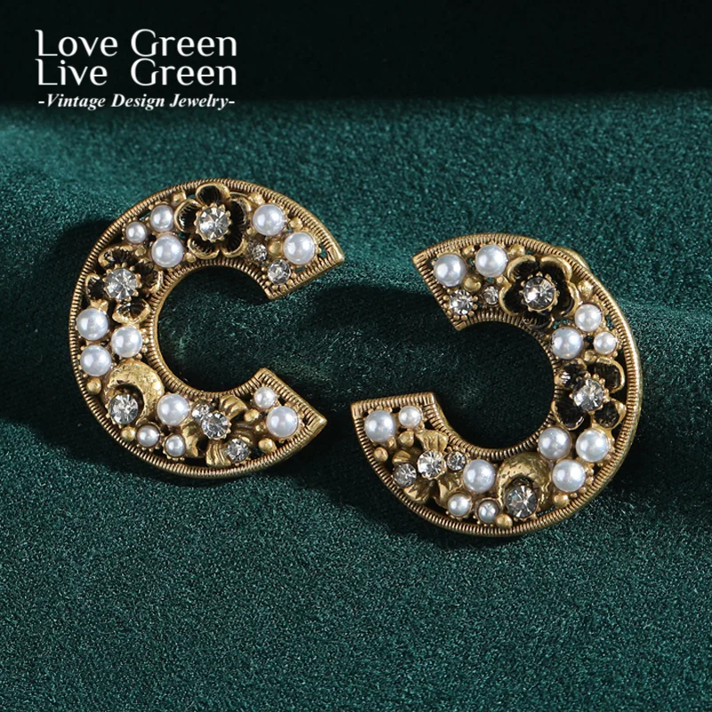 

Vintage C-Shaped Flower Pearl Earrings For Woman Antique Gold Color Rhinestone Luxury Brand Designer Accessories 2025 Wedding