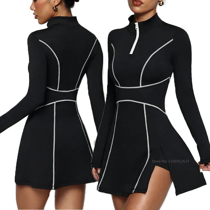 Ladies Long Sleeve Slim Tennis Dresses with Short Contrast Color Golf Workout Dress Women Zipper Collar Fitness Running Skirts