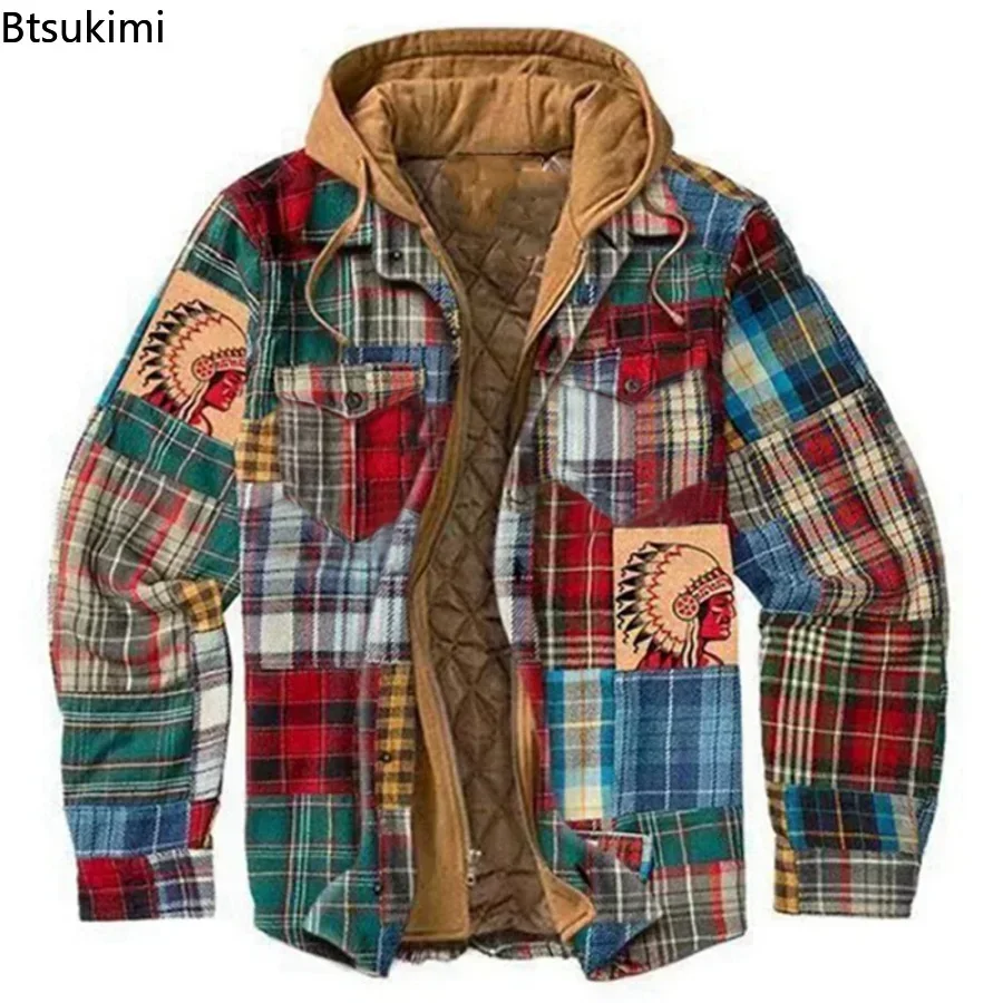 Nieuwe Mannen Dikker Katoen Gewatteerde Jassen 2024 Herfst Winter Capuchon Warme Vintage Plaid Parka Mannen Casual Rits Dikke shirt Jas