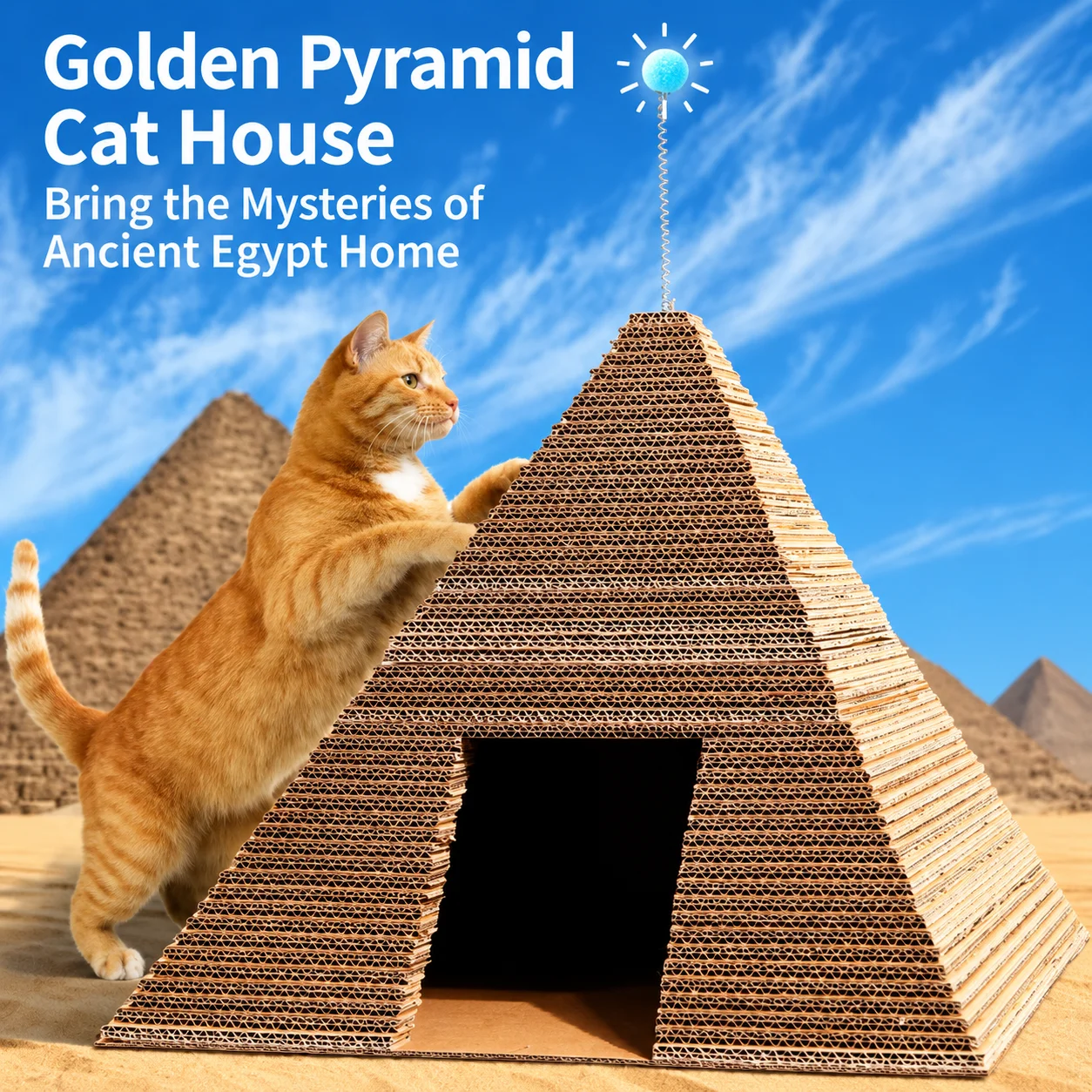 Pyramid-Shaped 2-in-1 Cat House with Scratching Post, High-Density Corrugated Cardboard, Toys, and S