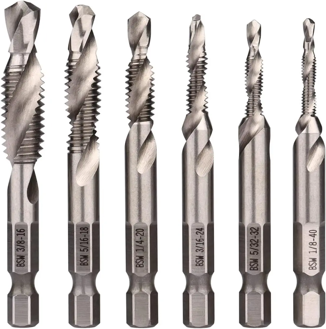 

6Pcs 1/4-Inch Hex Shank Combination Drill and Tap Bit Set Metal Deburr Countersink Drill Bit 1/8 inch-3/8 inch
