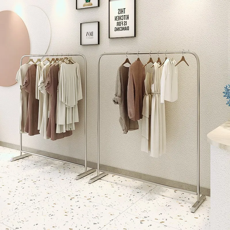 

Special clothing display rack for women's clothing store Stainless steel brushed silver floor-to-ceiling clothing rod with wheel