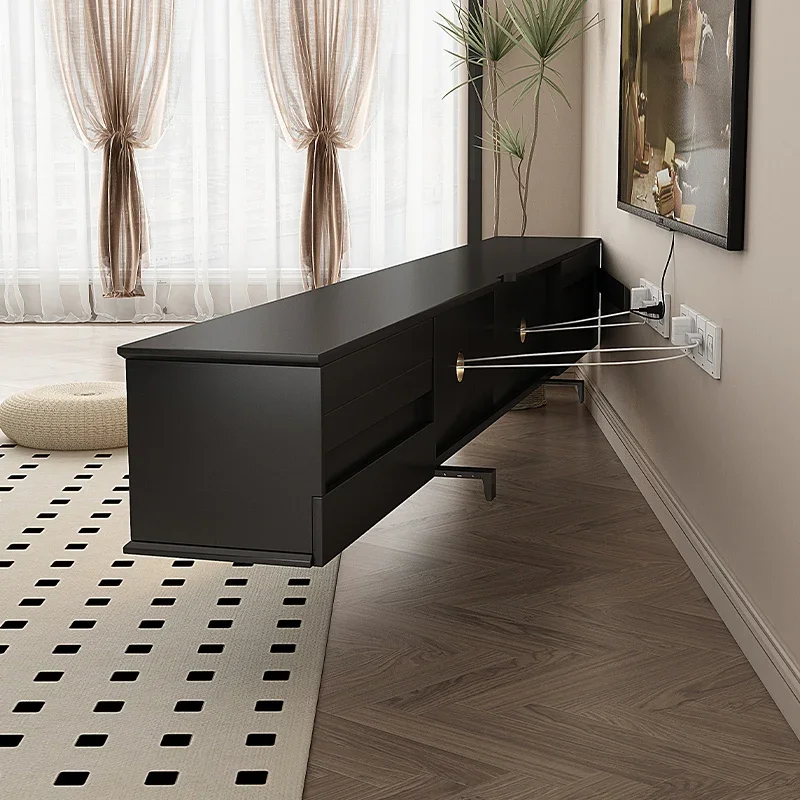 

American light luxury high-end TV cabinet blocking socket small apartment living room furniture black glass TV cabinet