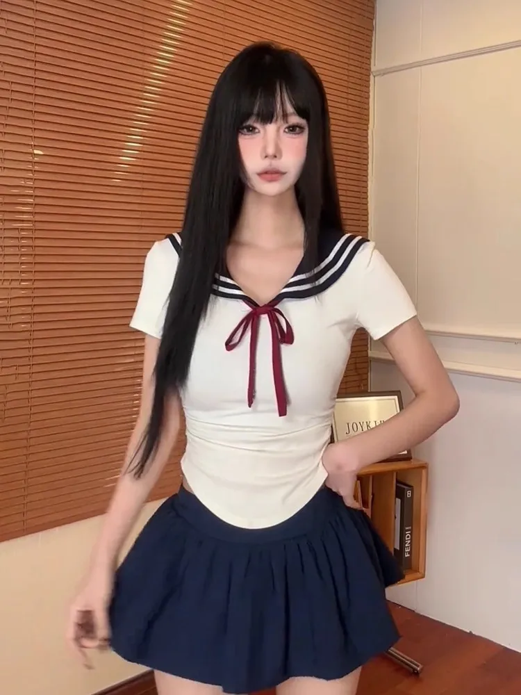 

Комплект SYJ Charming: топ с коротким рукавом и пышной юбкой для женщин, в стиле «дерзкой девушки», летний, повседневный, модный, в студенческом стиле