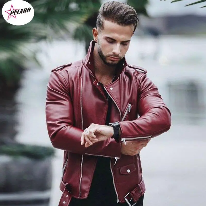 

PULABO Male Autumn Winter Men Leather Jacket y2k Men's Fashion Moto & Biker PU Leather Jackets Coat Male Red Jacket