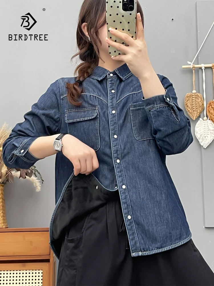 

New 2025 Fall Long Sleeve Denim Fleece Shirt, Women Turn-down Collar Double Pocket, Mori Girl Retro Casual Loose Blouse T5N431CC