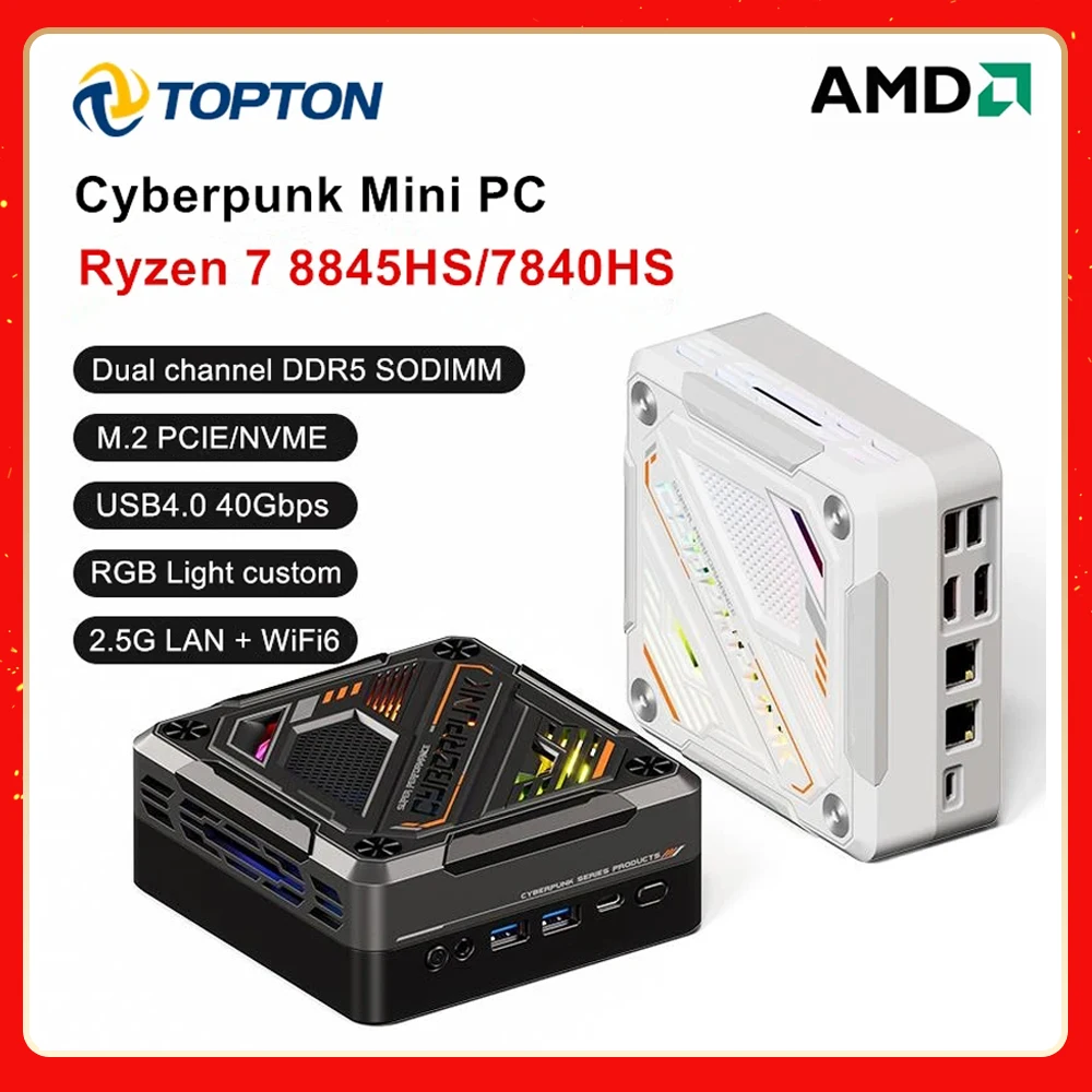 

Мини-ПК TOPTON Cyberpunk, AMD Ryzen 7 8845HS 7840HS 7735HS RGB светильник DDR5 2,5G LAN USB4.0, мини-геймерский ПК, компьютер 8K NUC WiFi6