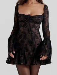 QWEEK Coquette 2024 Spring Backless Sexy Black Dresses Women Vintage Elegant Spring French Retro Lace Mini Short Dress Party