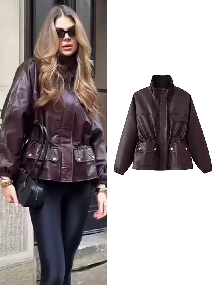 Veste en Faux cuir pour femme, couleur unie, col montant, poches, manteaux en cuir Pu, taille étroite, vêtements d'extérieur, automne