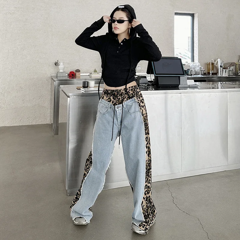 

Jeans Women Wide Leg Pants Leopard Patchwork Elastic Waist Drawstring Distressed Washed Vintage Denims Straight Trousers 2025