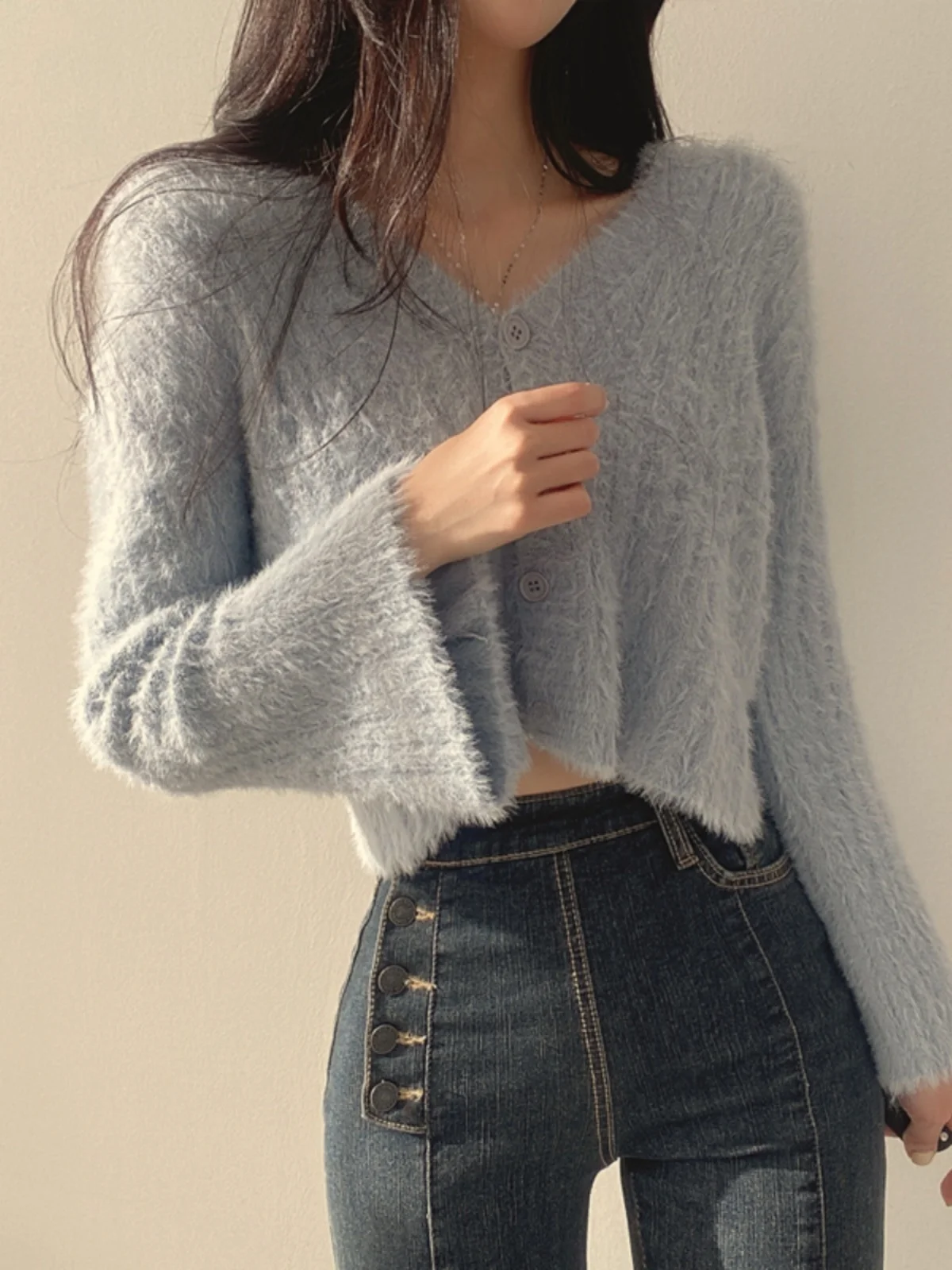 Chic Short Sleeve Bell Sleeve Open Cardigan Knitted Jacket Women's Autumn Winter V Neck Single Button Sweater Korean Style Sl... view 3