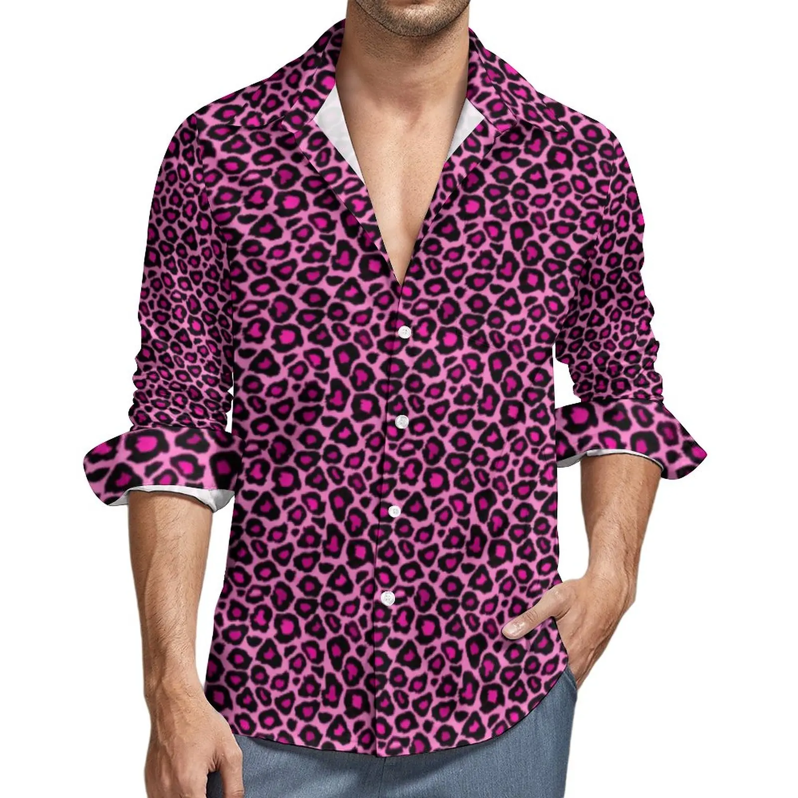 Camicie casual leopardate rosa Camicia con stampa di pelliccia di animali da uomo Manica lunga Camicette Harajuku di tendenza Autunno Top