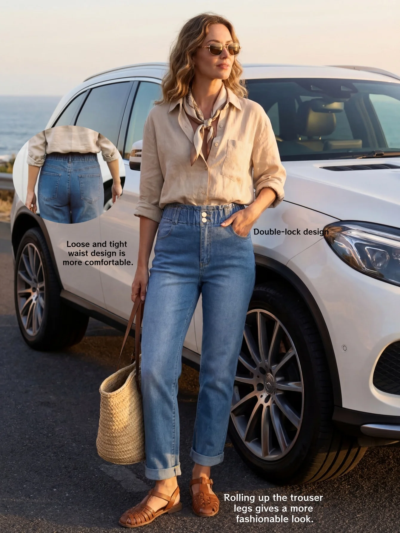 

Women's Stretch Denim Capri Pants Elasticated Waist Rolled-Leg Long Pants Comfortable Fabric Fashionable Style