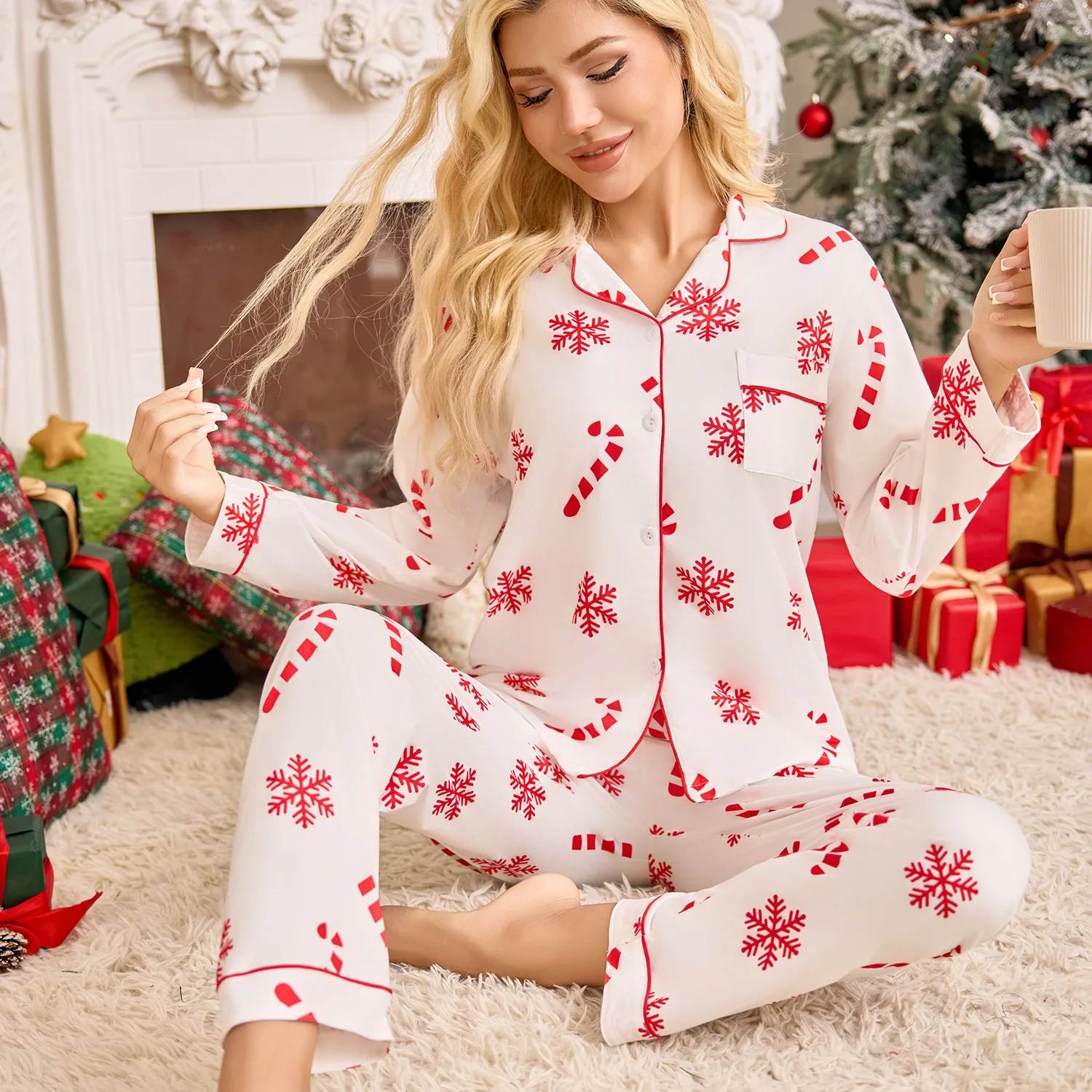 Langärmlige Weihnachts-Pyjama-Sets für Damen mit langen Hosen für den Heimgebrauch