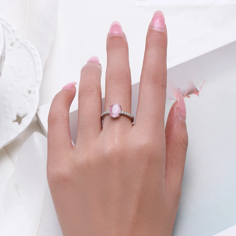 Modian Genuine 925 Sterling Silver Fashion Romantic Oval Pink Opal Finger Ring For Women Girls Charm Party Fine Jewelry Gifts