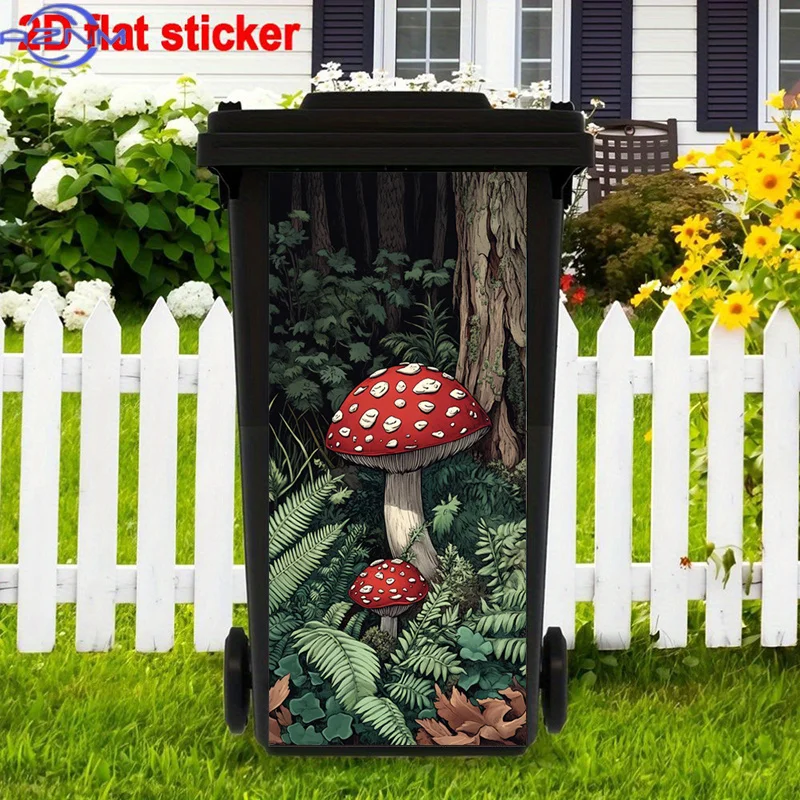 Forest Background Trash Can Stickers Art, Mushroom Illustration Peel and Stick Stickers, Abstract Stickers, Ferns and Trees Tr