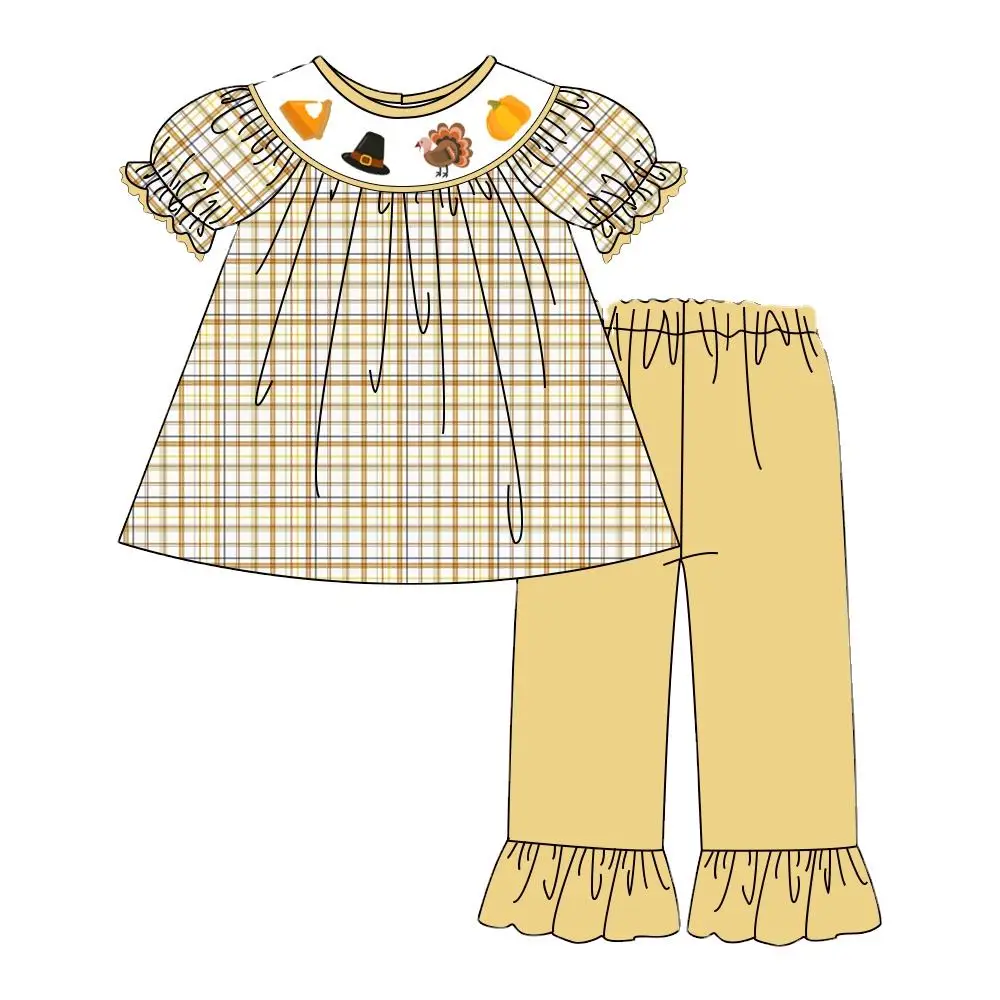 

Thanksgiving boutique children set long-sleeved lace chicken striped print trousers girls boys plaid trousers set baby clothes