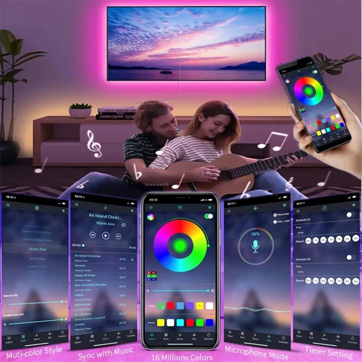ONCE 5M LED Lights Strips with 44Key Remote Control Bluetooth LED RGB Light Strip Flexible Light for Home Christmas Holiday