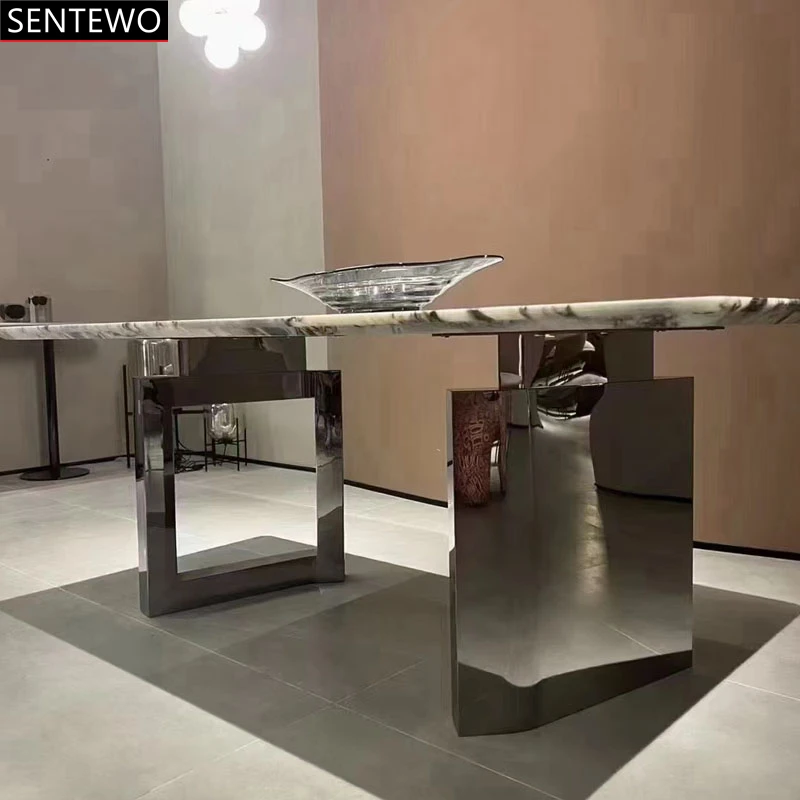 Designer Luxury Marble Rock Slab dining table set 8 chairs mesa de jantar comedor de comedor furniture Stainless steel gold base